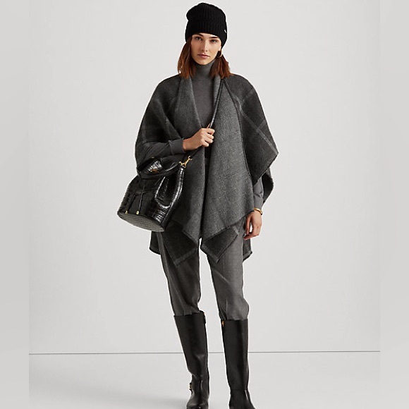 Lauren Ralph Lauren Jackets & Blazers - Lauren Ralph Lauren Shawl Gray Herringbone Windowpane Reversible Ruana Cape